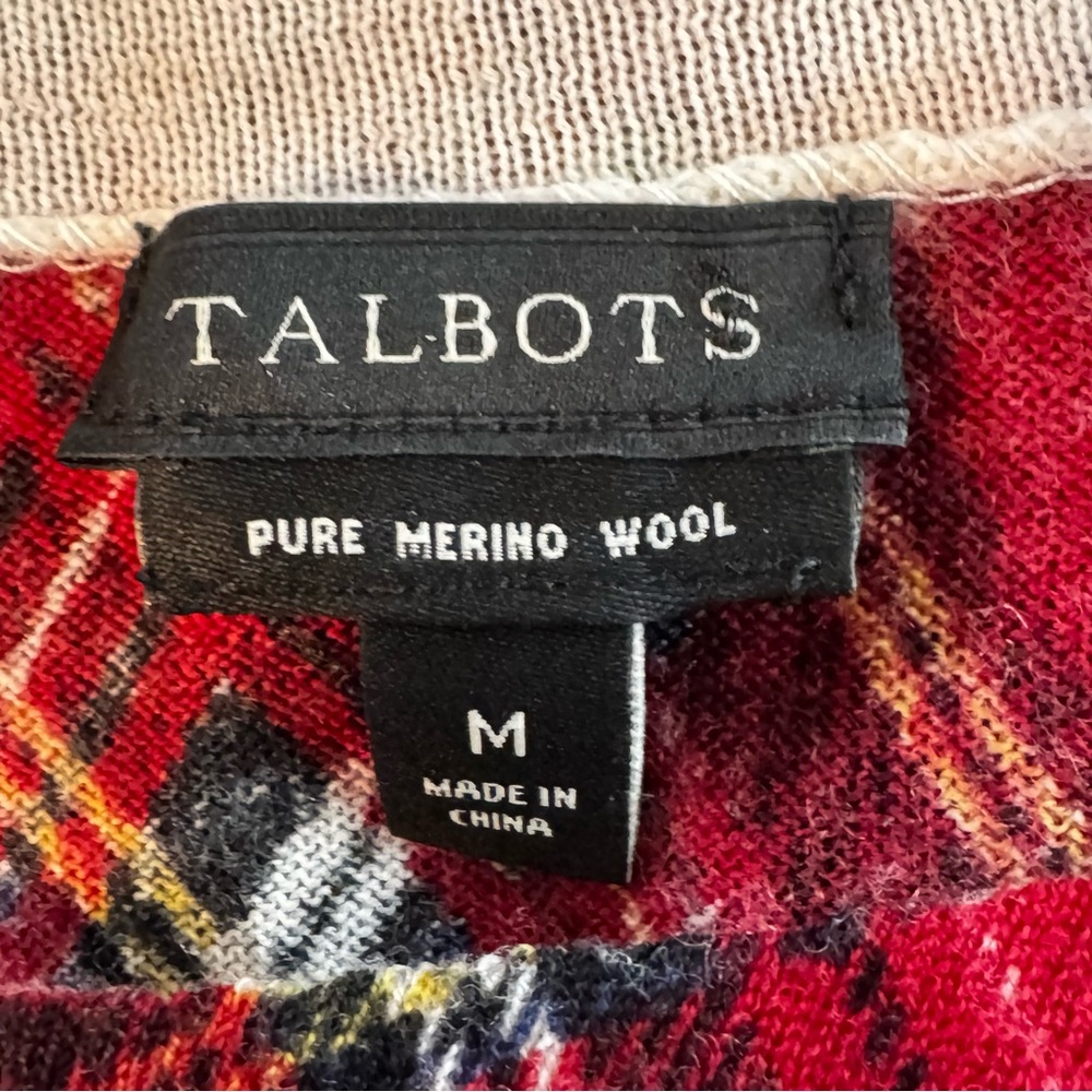 Talbots Size Medium Lightweight 100% Merino Wool Red Plaid/Paisley Sweater - Picture 10 of 11